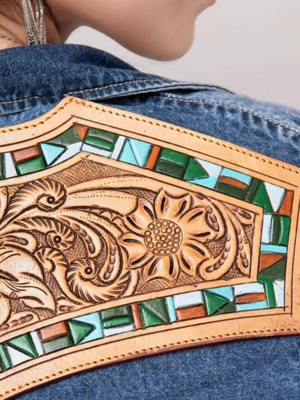 Denim Western Shirt with Tooled Leather Yoke & Turquoise Geometric Trim XLarge - Picture 2 of 5